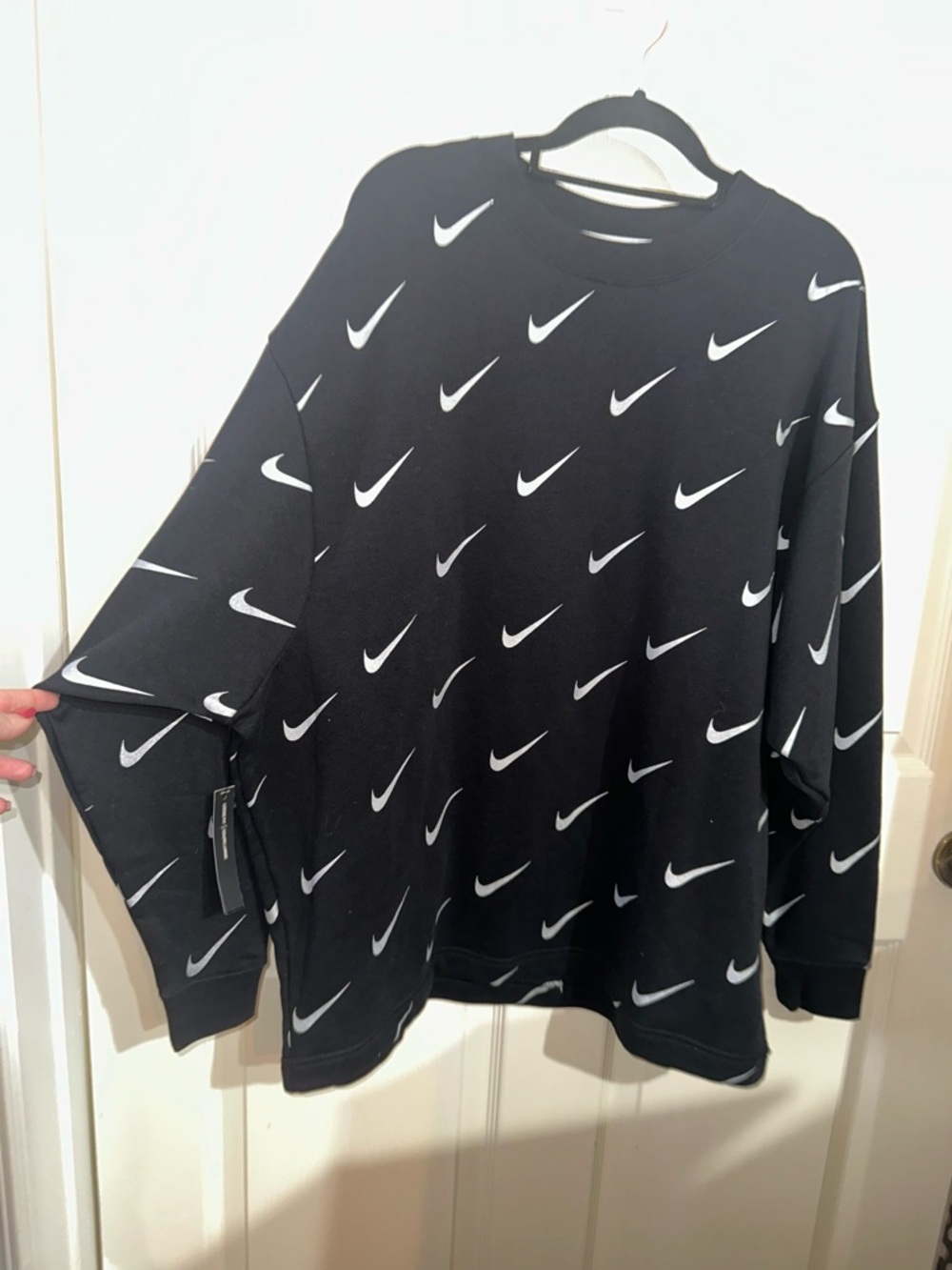 Nike Black Crewneck with Repeated White Swoosh Pattern NWOT L athleisure gym